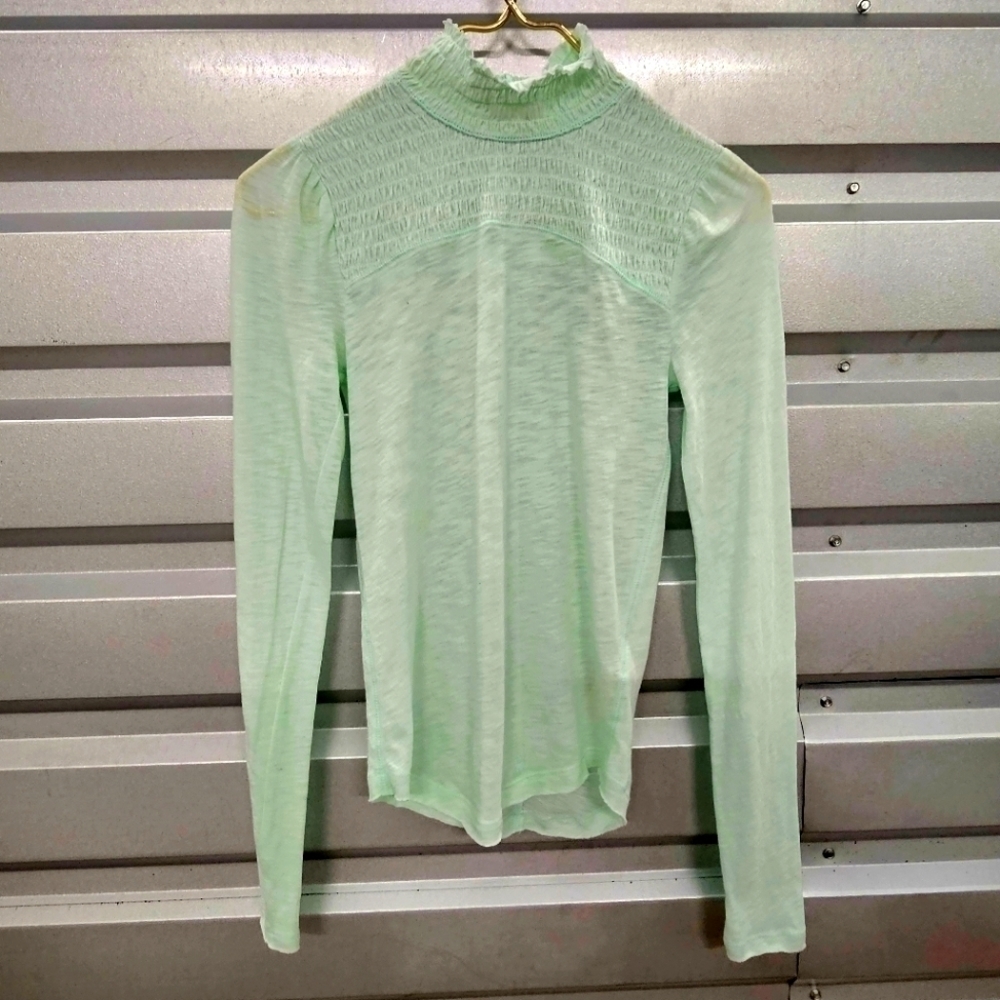 Free People Smocked Turtleneck Shirt In Iced Aqua